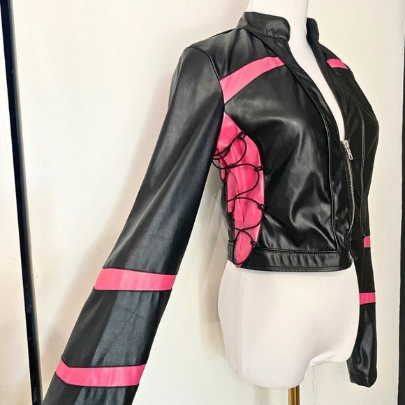 I AM GIA VIXON BLACK PINK FAUX LEATHER LACE UP CROPPED MOTO TOP JACKET - M - Picture 5 of 11